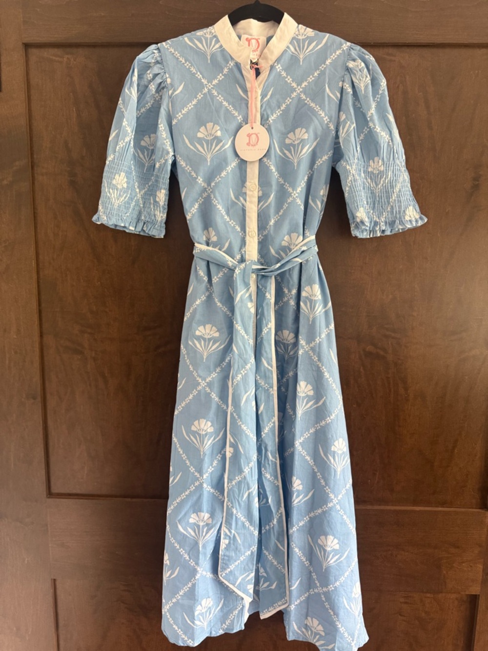 NWT Victoria Dunn Blue Floral Button-Front Cotton Maxi Dress with Belt